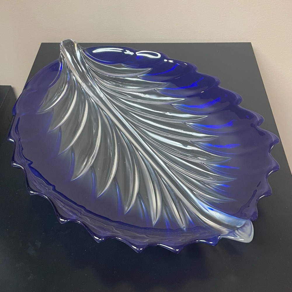 Shannon Crystal Serving Dish or Plate Leaf Shape Cobalt Blue & Clear